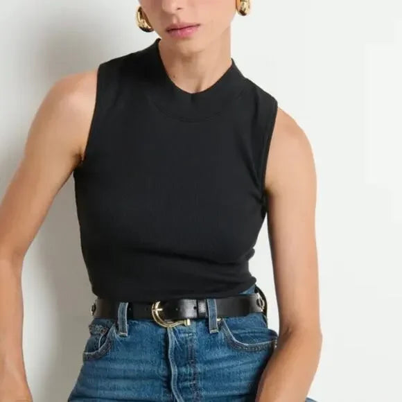 Nation Mock Neck Rib Knit Joan Tank Top in Black