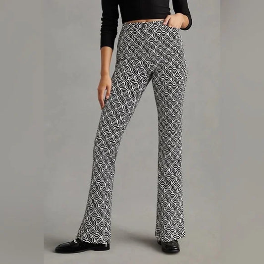Maeve Anthropologie Mid Ride Flare Black and White Geometric Stretch Pants
