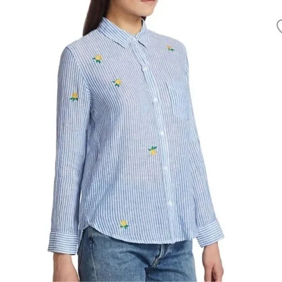 Rails Charli Blue Wite Vertical Stripes with Yellow/Green Embroidered Flowers