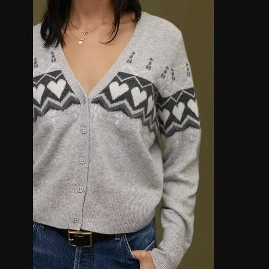 White + Warren Hearts Cashmere Cardigan in Grey