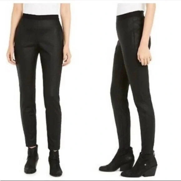 Eileen Fisher Black Coated Organic Cotton Stretchy Pull On Leggings Pants