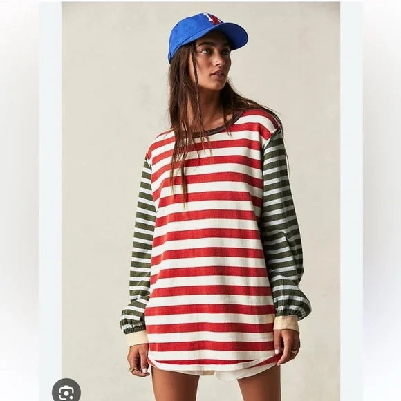 Free People Sawyer Stripe Tee in Kelp and Sienna