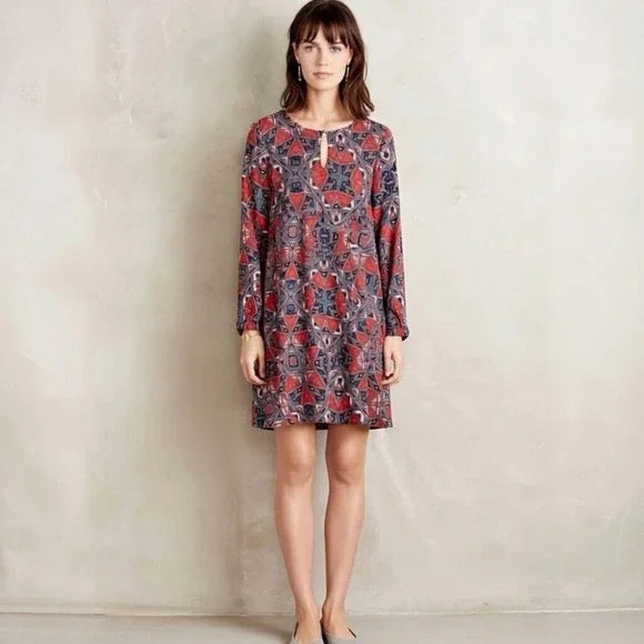 Paper Crown by Anthropologie Geometric Print Long Sleeve Keyhole Neck Mini Dress