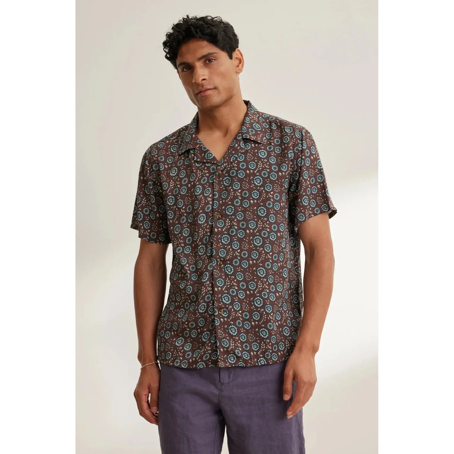 Velvetmen Emilio Printed Modal Button Up Shirt in Cocoa
