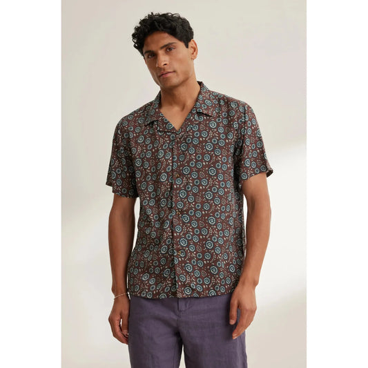 Velvetmen Emilio Printed Modal Button Up Shirt in Cocoa