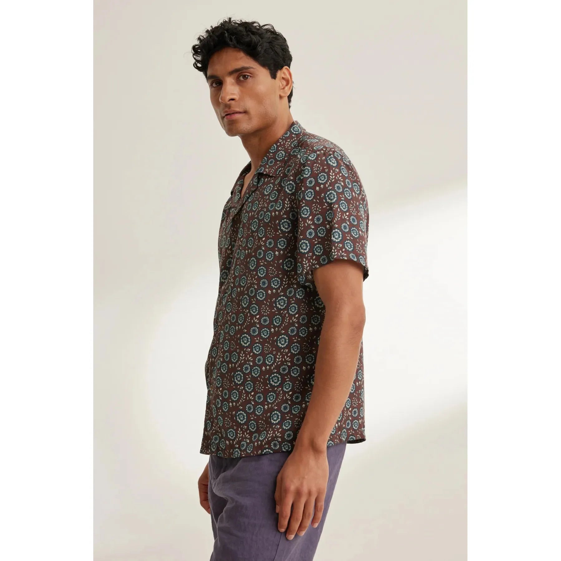 Velvetmen Emilio Printed Modal Button Up Shirt in Cocoa