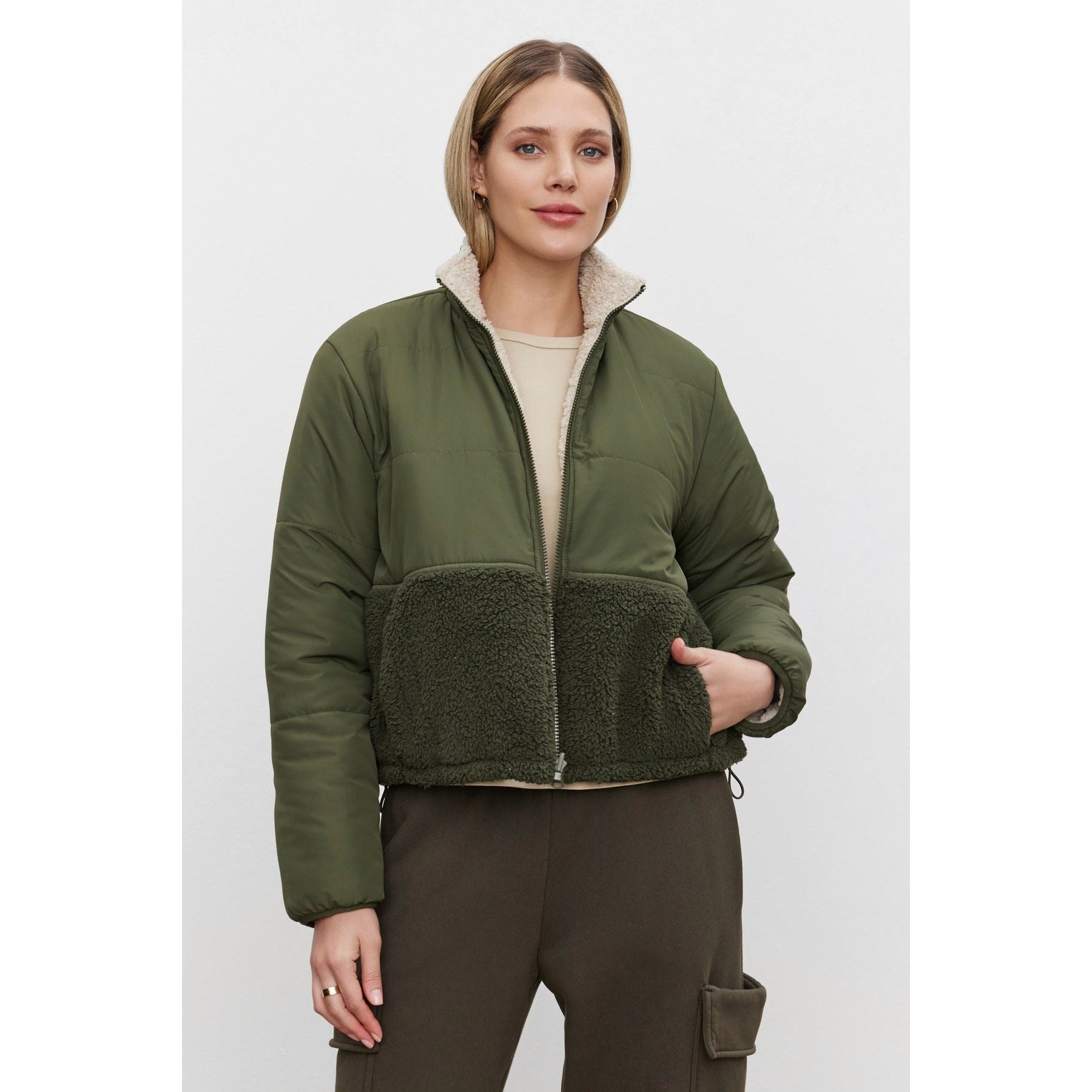 Velvet by Graham and Spencer Tasha Reversible Puffer Sherpa Jacket in Army