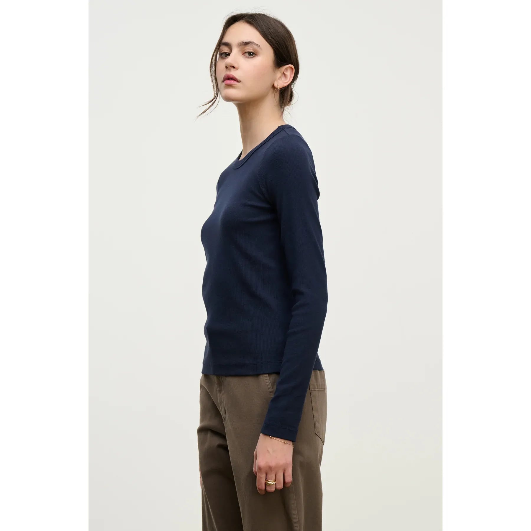 Velvet by Graham & Spencer Lottla Rib Poplin Mix Long Sleeve Crew in Navy