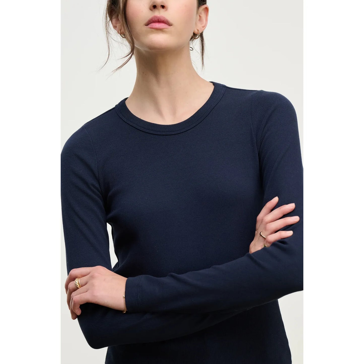 Velvet by Graham & Spencer Lottla Rib Poplin Mix Long Sleeve Crew in Navy