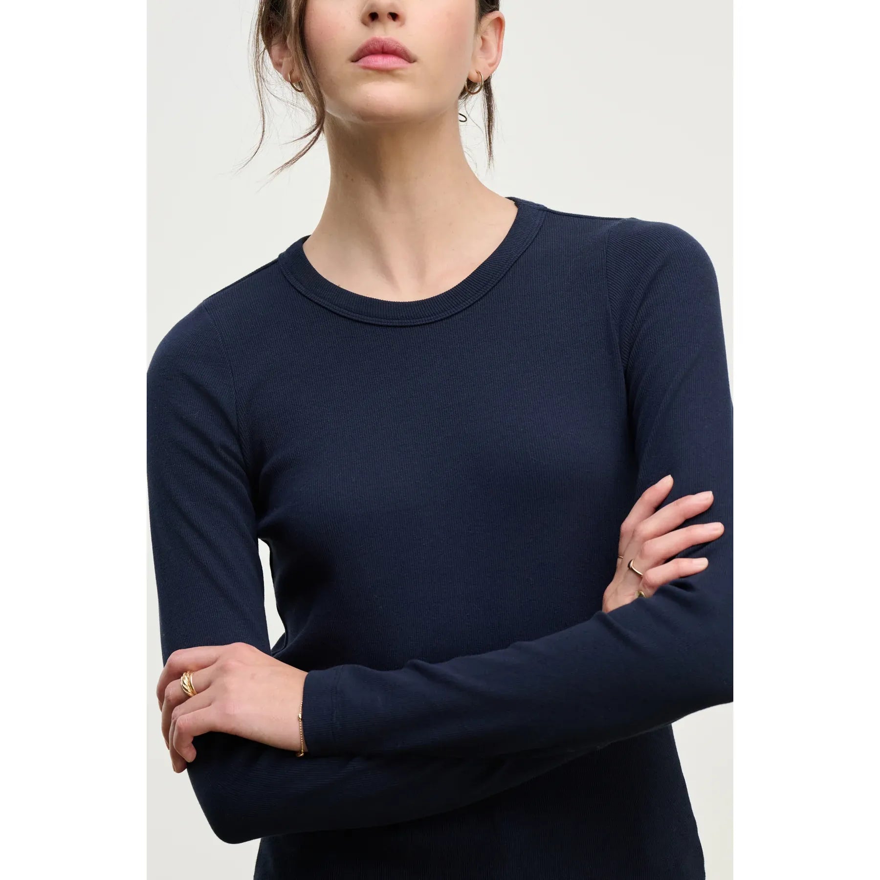 Velvet by Graham & Spencer Lottla Rib Poplin Mix Long Sleeve Crew in Navy