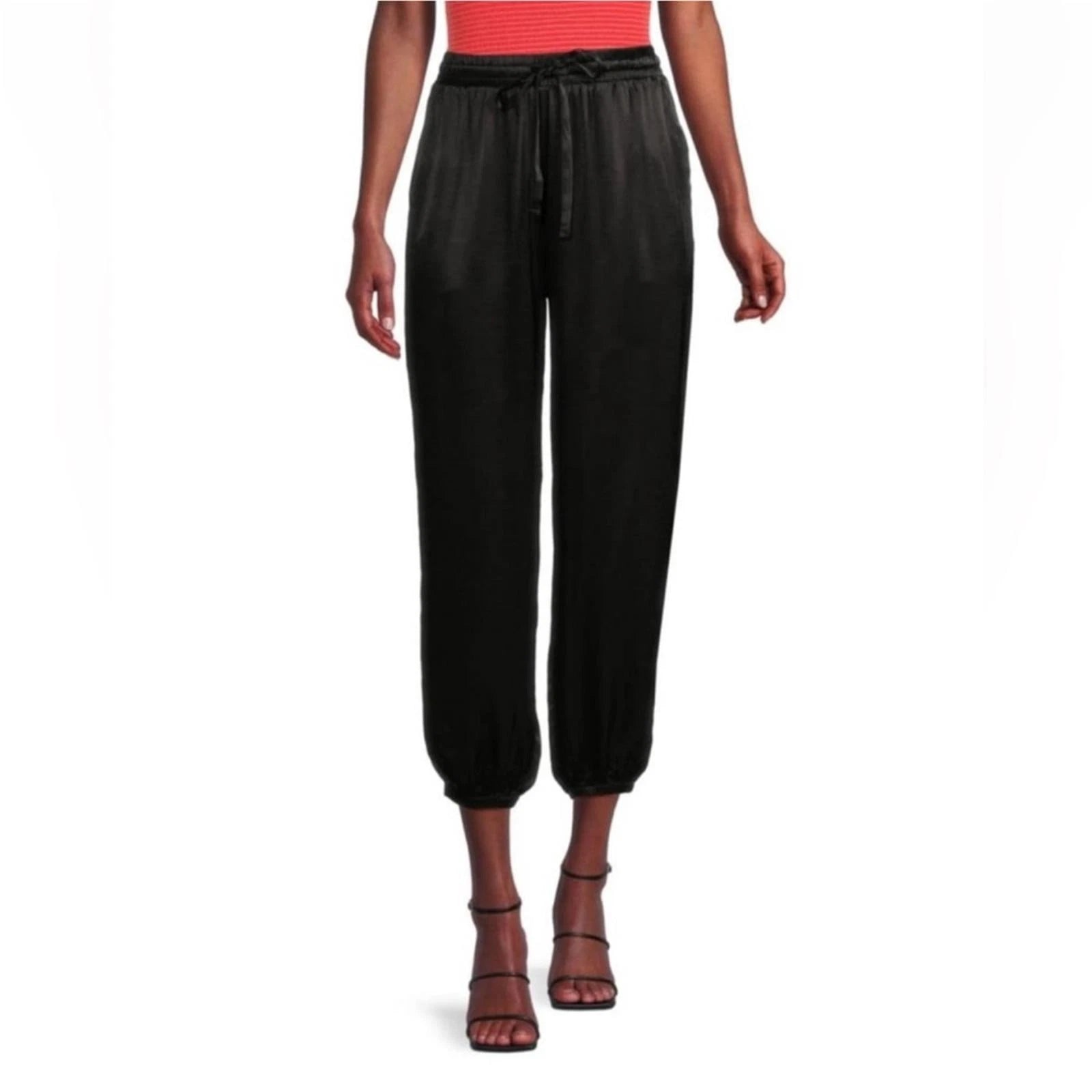 Nation LTD Black Satin Cropped Leg Joggers with Drawstring