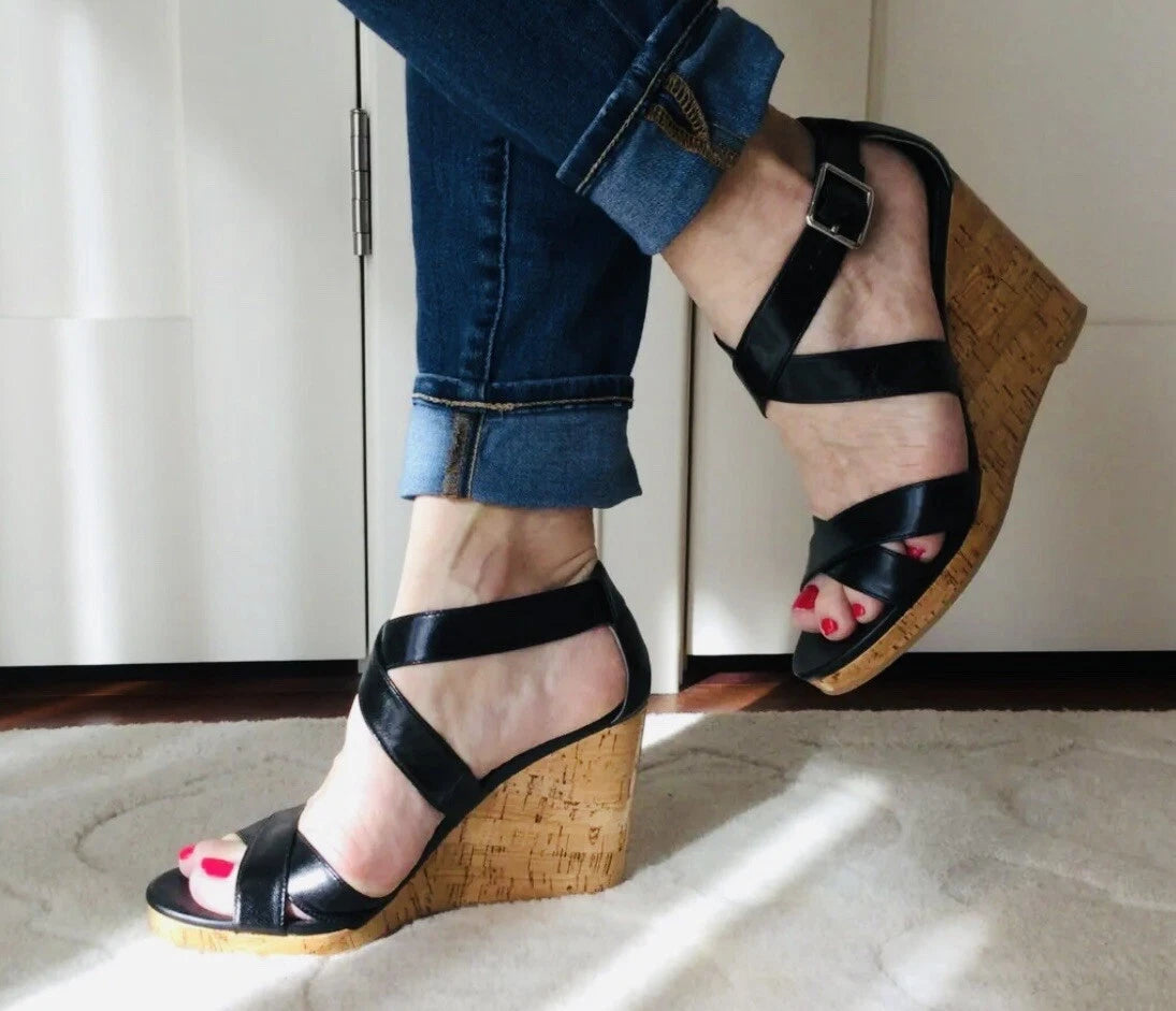 Cole Haan Jillian Wedge Black Platform Leather Sandals