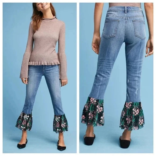 Anthropologie Pilcro Embroidered Floral Bell Hem Jeans