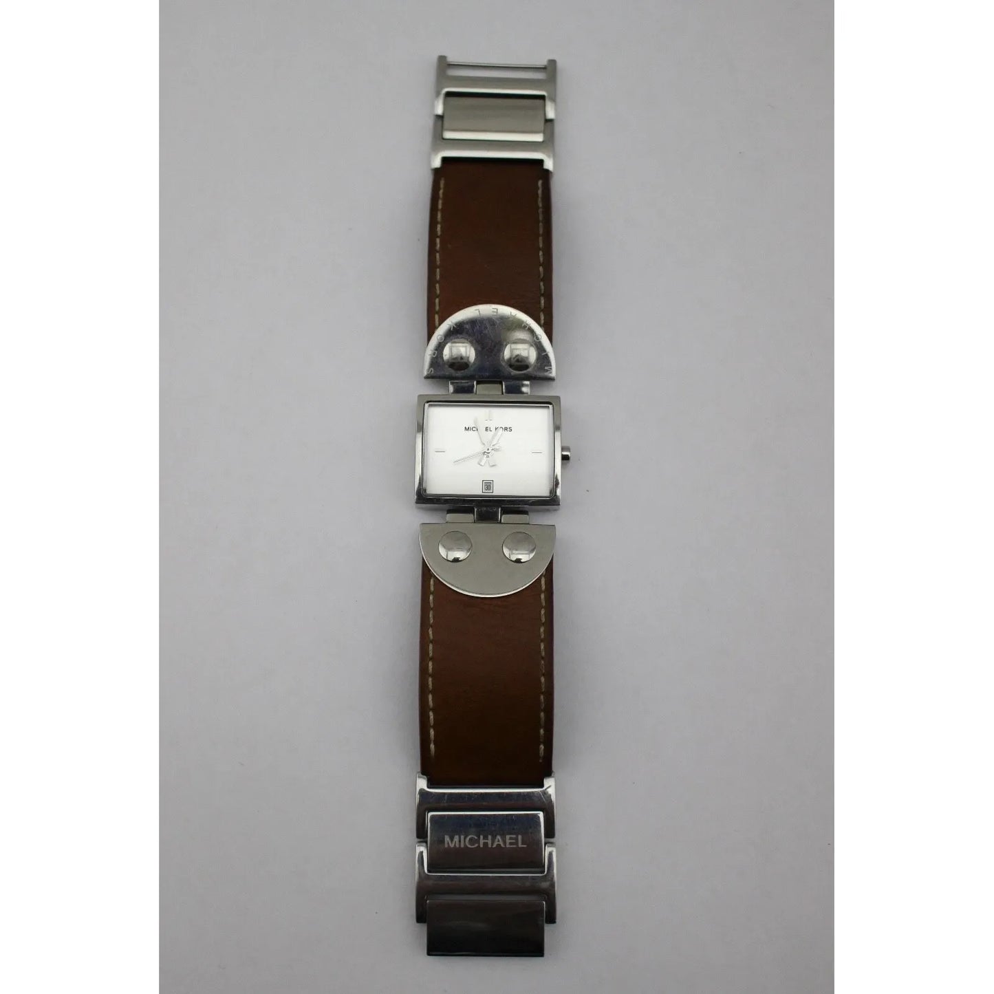 Michael Kors Brown Leather Silver Tone Stainless Steel Studded Watch