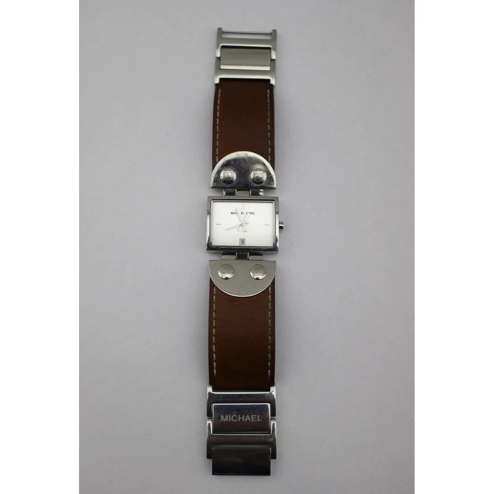 Michael Kors Brown Leather Silver Tone Stainless Steel Studded Watch