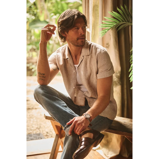 Velvetmen Julius Linen Stripe Button Up Shirt in Flax